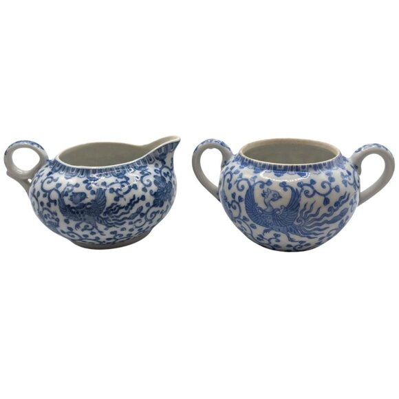 Antique 1921 Noritake Creamer - Phoenix Pattern Blue White & Vtg Japan Sugar mis - Picture 1 of 11